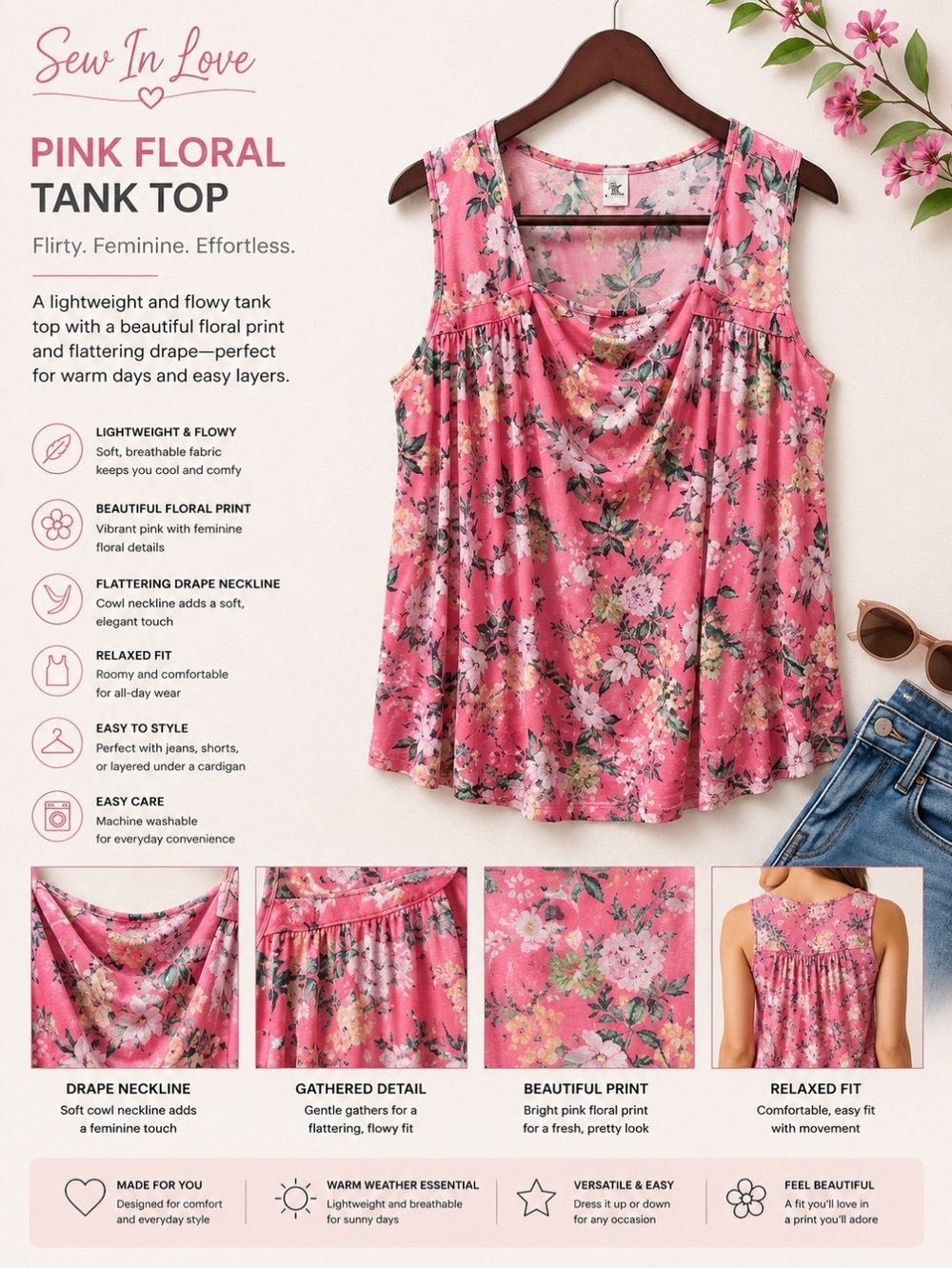 Sew In Love Pink Floral Cowl Neck Tank